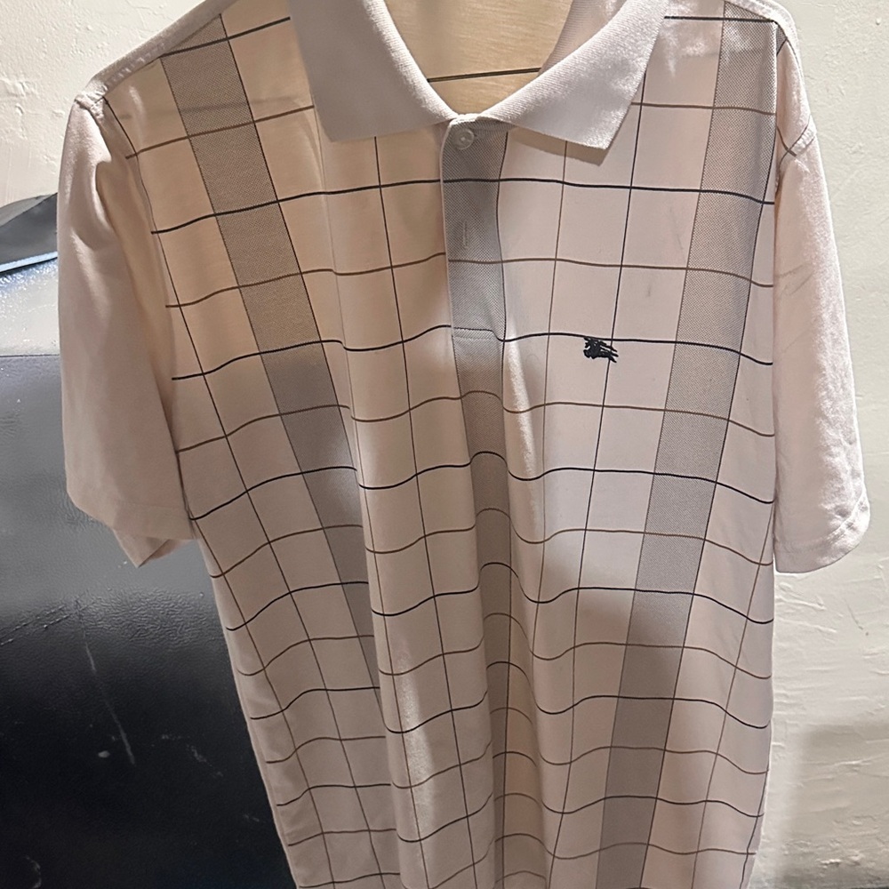Burberry White and Gray Polo Shirt with Grid Pattern